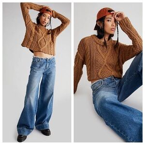 Free People Sweater Womens S Brown Cable Knit Knit Cropped Long Sleeve Boho Cozy